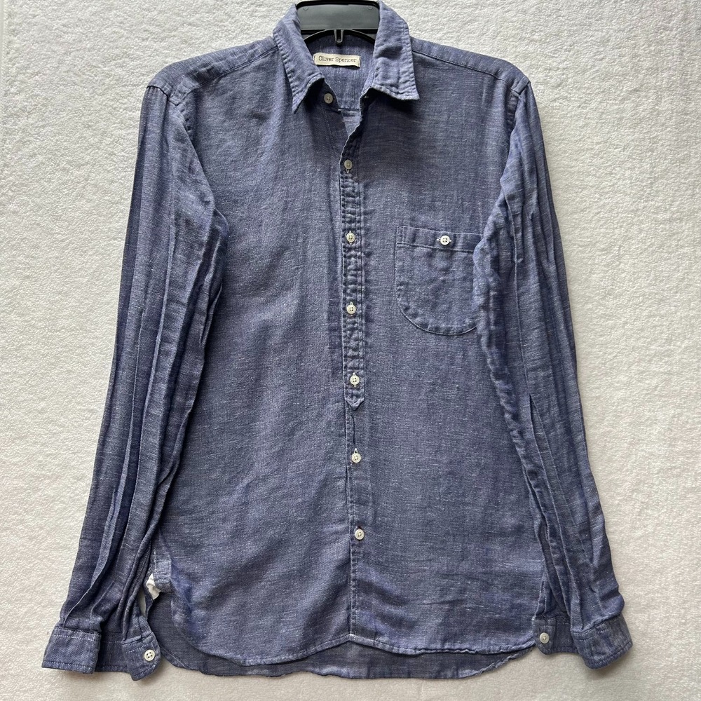 Oliver Spencer Mens Size 15 Blue Long Sleeve Linen Cotton Button Up Shirt (S2)